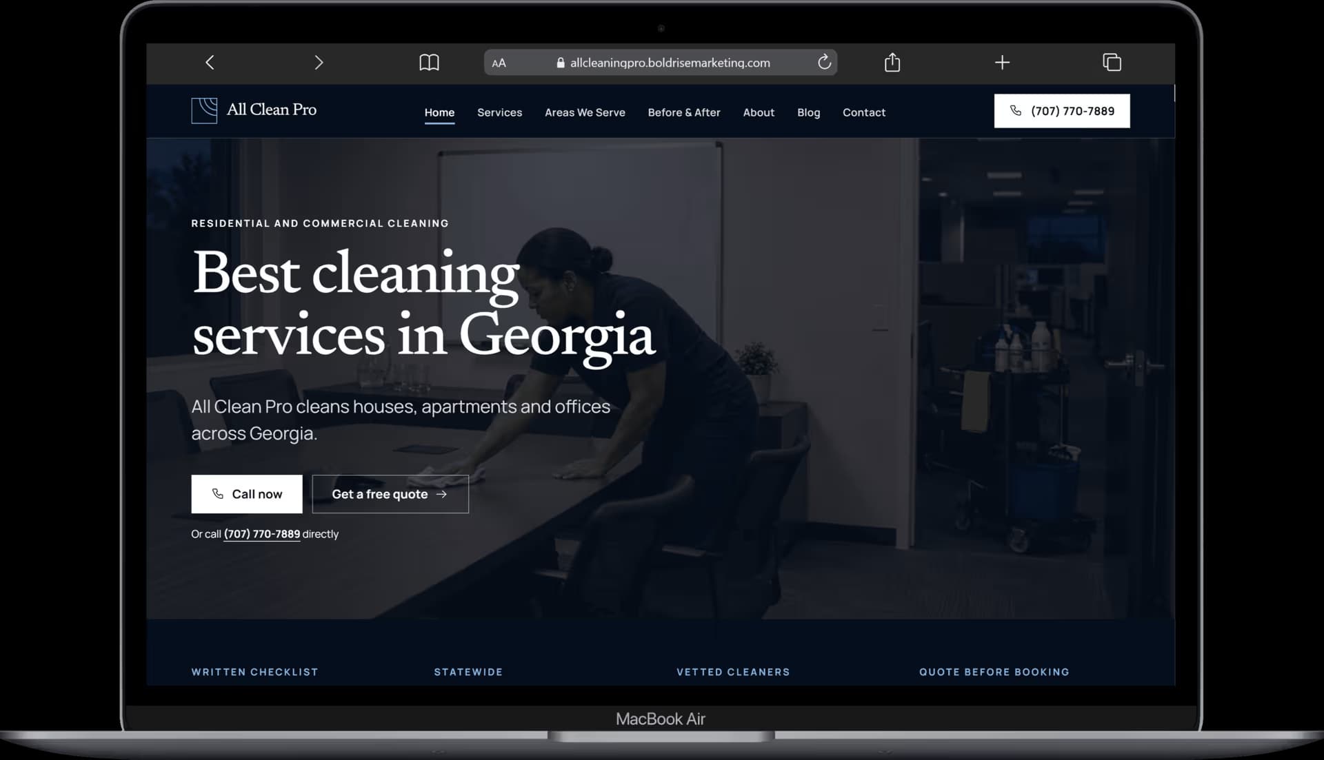 All Clean Pro website homepage on a laptop: Best cleaning services in Georgia