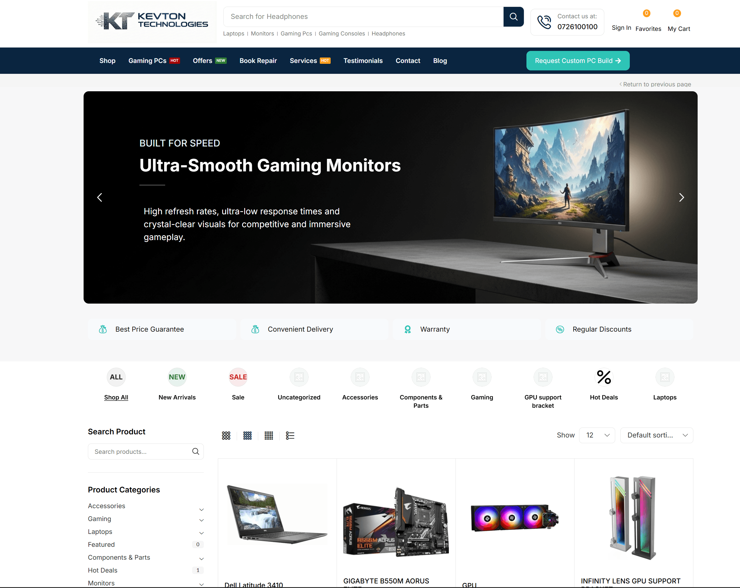 Kevton Technologies e-commerce homepage with gaming monitor banner